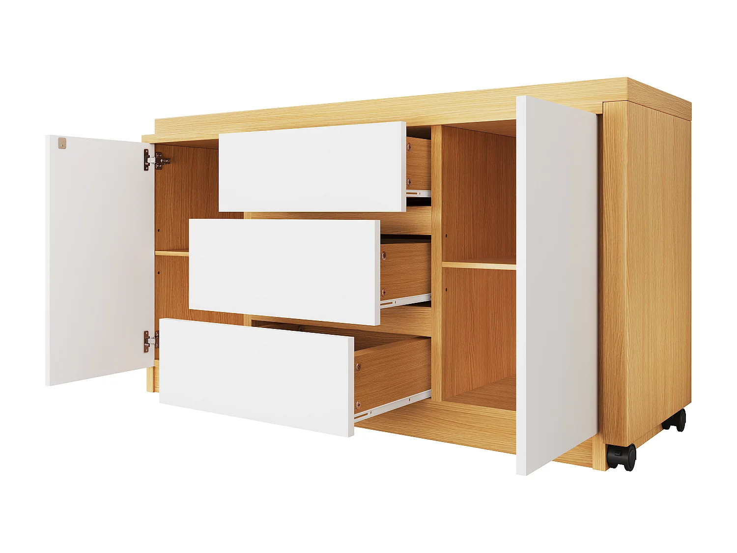 Bureau d'angle 120x50x76.5 cm - Plateau pivotant à 360° - 3 tiroirs et 2 portes - Avec roulettes verrouillables - Naturel + Blanc