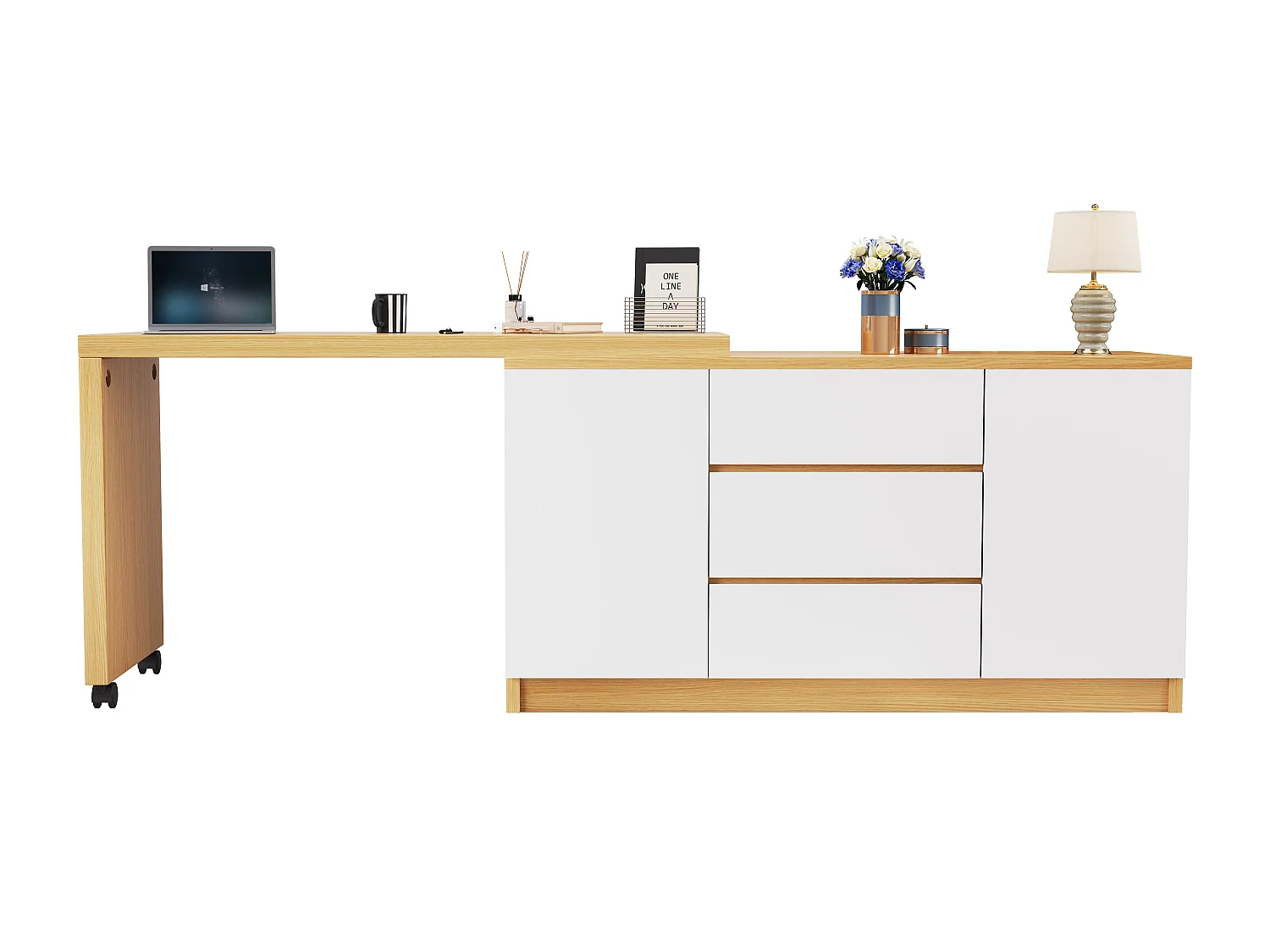 Bureau d'angle 120x50x76.5 cm - Plateau pivotant à 360° - 3 tiroirs et 2 portes - Avec roulettes verrouillables - Naturel + Blanc
