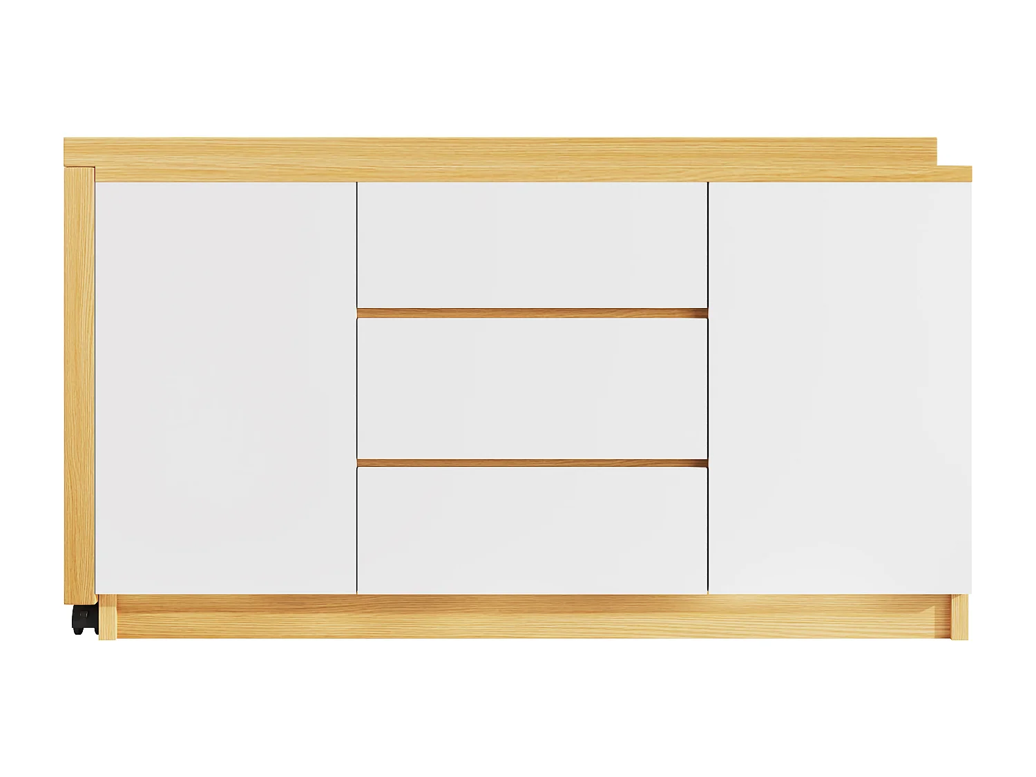 Bureau d'angle 120x50x76.5 cm - Plateau pivotant à 360° - 3 tiroirs et 2 portes - Avec roulettes verrouillables - Naturel + Blanc
