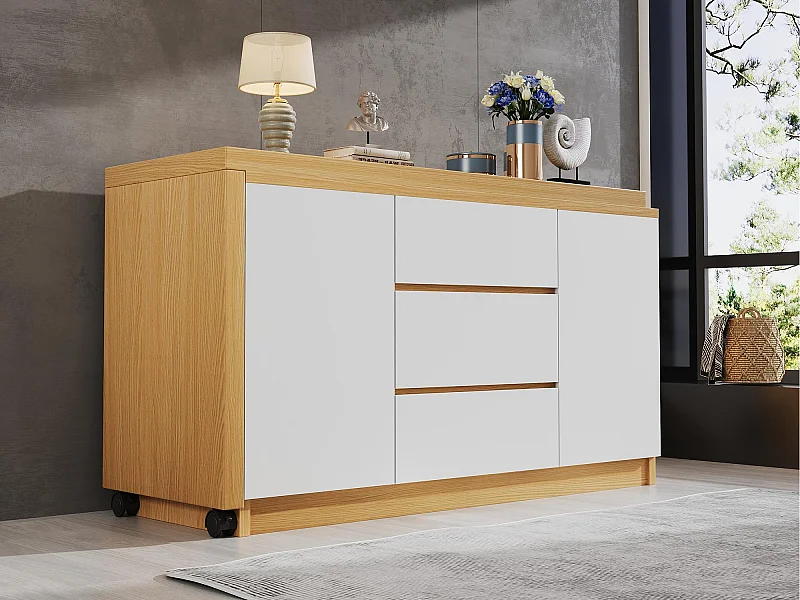 Eckschreibtisch 120×50×76,5 cm - 360° drehbarer Tisch - 3 Schubladen und 2 Türen - Mit verriegelbaren Rollen - Natur + Weiß