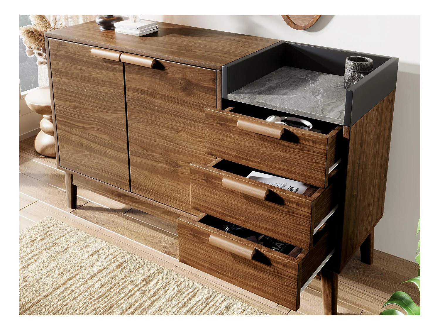 Buffet aspect chêne 120x40x77cm - avec 2 portes et 3 tiroirs - plateau effet marbre - Chêne foncé