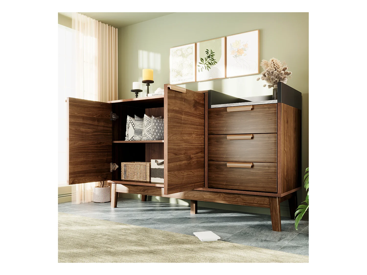 Buffet aspect chêne 120x40x77cm - avec 2 portes et 3 tiroirs - plateau effet marbre - Chêne foncé