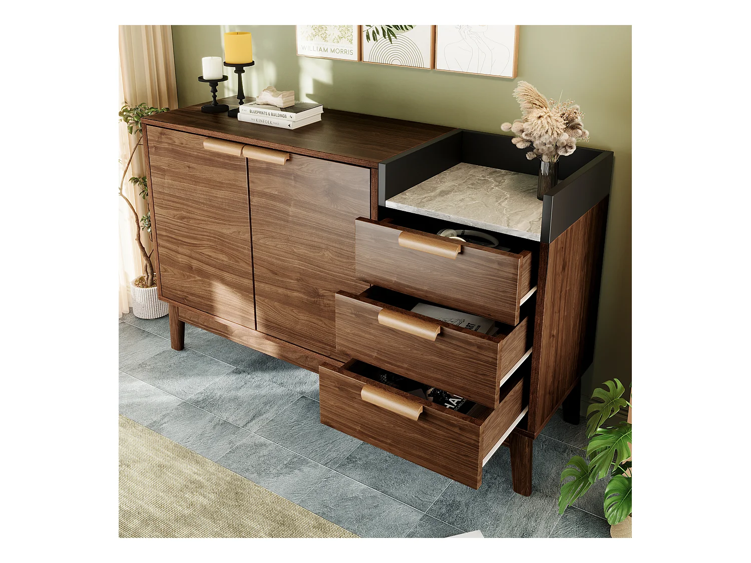 Buffet aspect chêne 120x40x77cm - avec 2 portes et 3 tiroirs - plateau effet marbre - Chêne foncé