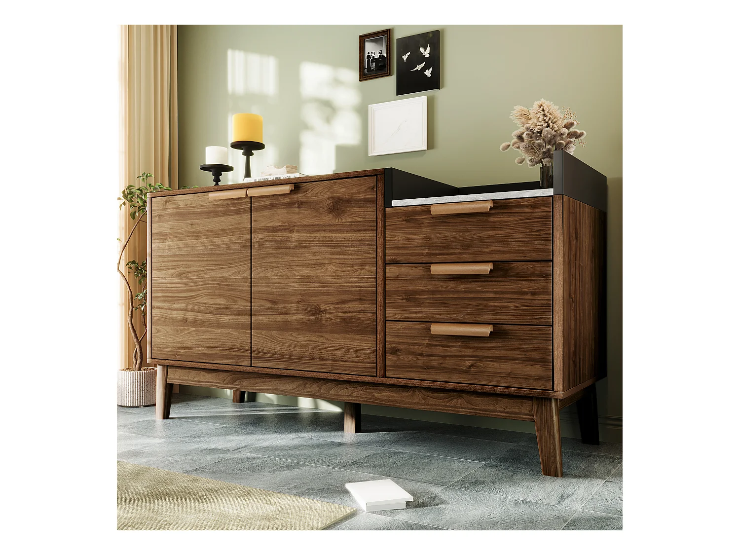 Buffet aspect chêne 120x40x77cm - avec 2 portes et 3 tiroirs - plateau effet marbre - Chêne foncé