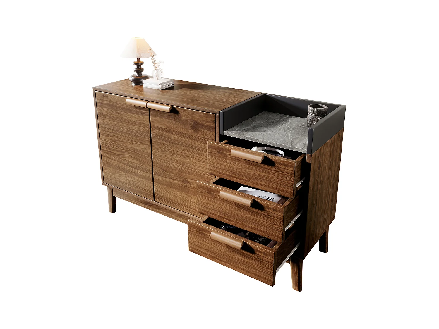 Buffet aspect chêne 120x40x77cm - avec 2 portes et 3 tiroirs - plateau effet marbre - Chêne foncé