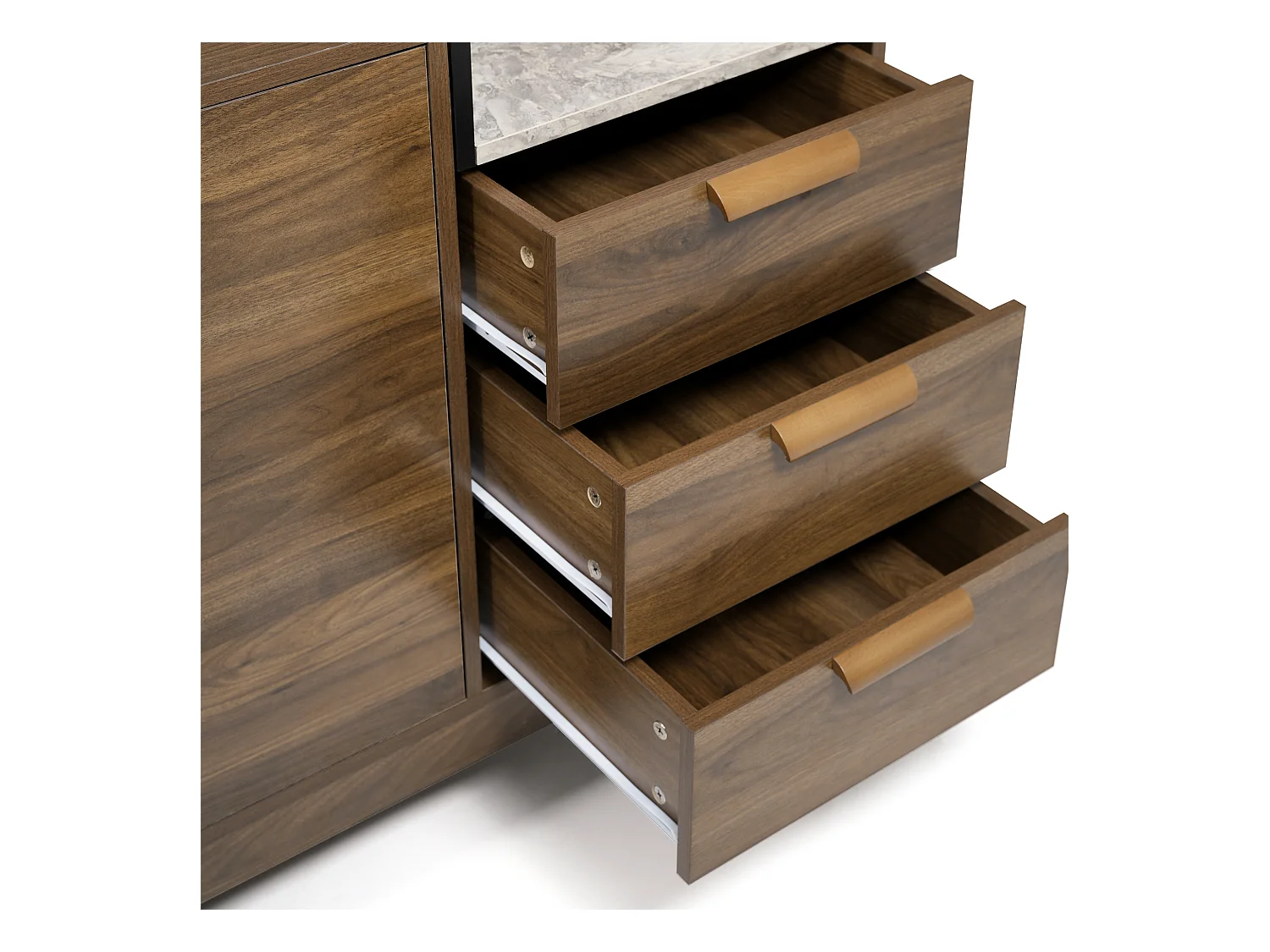 Buffet aspect chêne 120x40x77cm - avec 2 portes et 3 tiroirs - plateau effet marbre - Chêne foncé