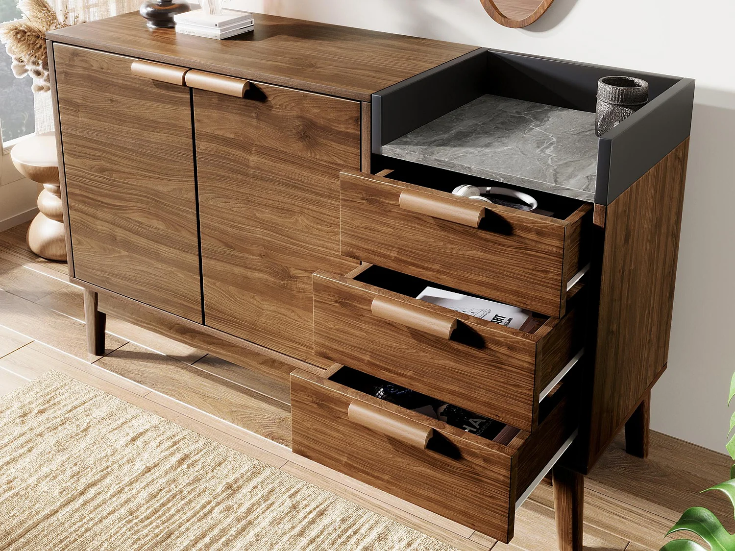Sideboard in Eichenoptik 120×40×77 cm - mit 2 Türen und 3 Schubladen - Marmor-Optik-Platte - Dunkle Eiche