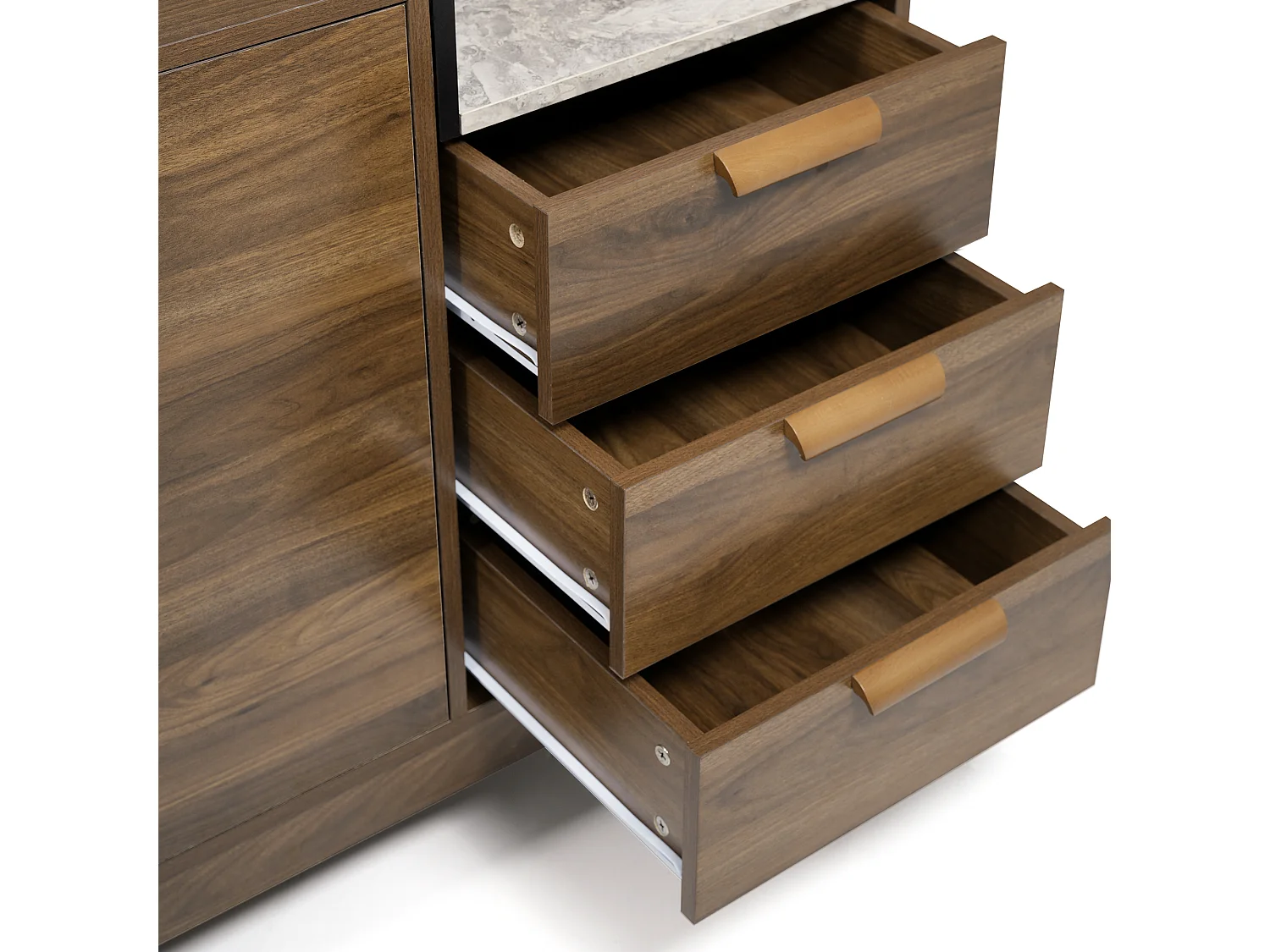 Sideboard in Eichenoptik 120×40×77 cm - mit 2 Türen und 3 Schubladen - Marmor-Optik-Platte - Dunkle Eiche