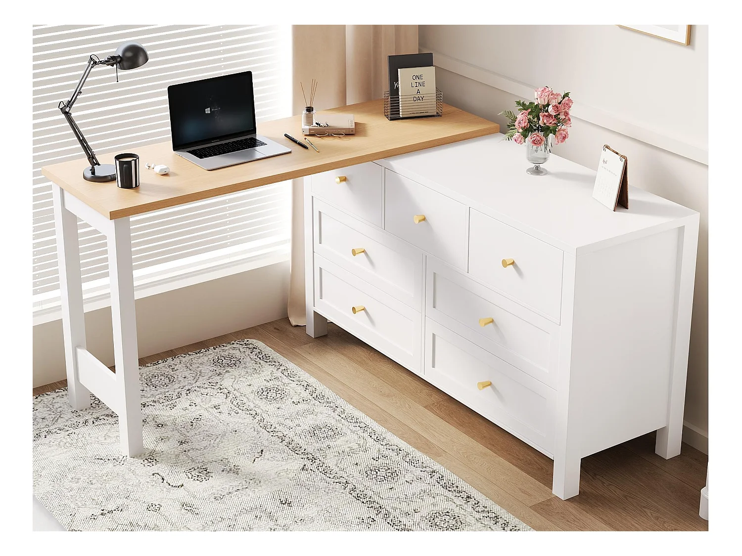 Bureau d'angle 120x40x70cm - avec 7 tiroirs - Design 2 en 1 - Plateau rotatif à 360° - Certifié FSC - Blanc + naturel