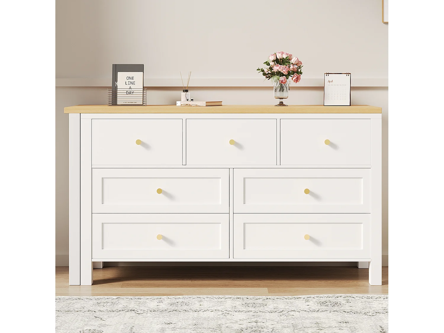 Bureau d'angle 120x40x70cm - avec 7 tiroirs - Design 2 en 1 - Plateau rotatif à 360° - Certifié FSC - Blanc + naturel