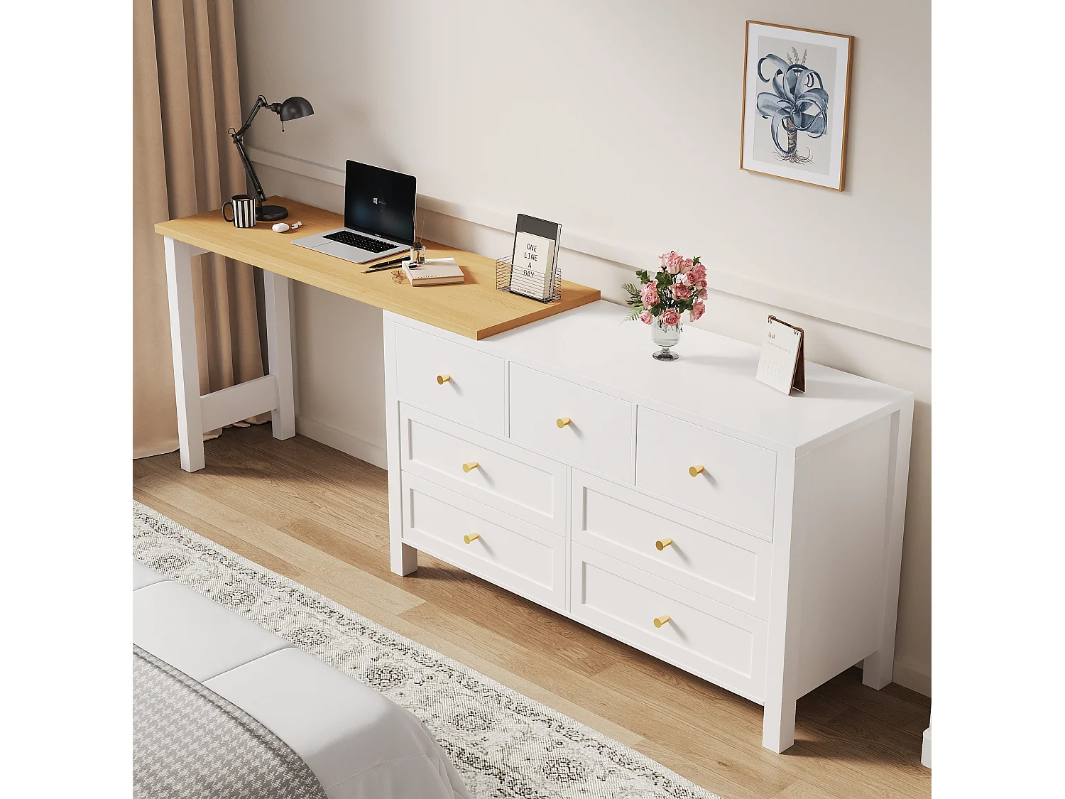 Bureau d'angle 120x40x70cm - avec 7 tiroirs - Design 2 en 1 - Plateau rotatif à 360° - Certifié FSC - Blanc + naturel