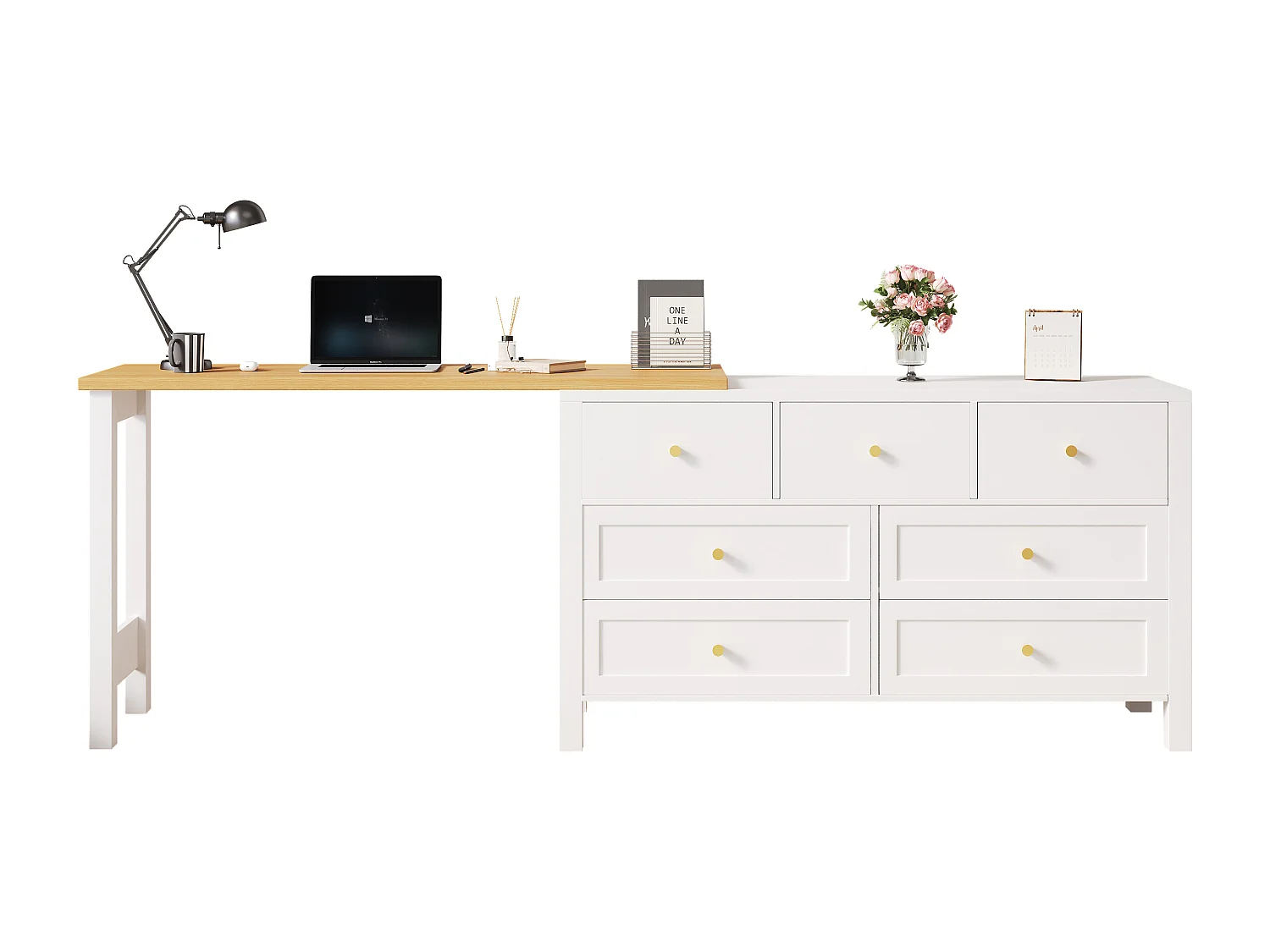 Bureau d'angle 120x40x70cm - avec 7 tiroirs - Design 2 en 1 - Plateau rotatif à 360° - Certifié FSC - Blanc + naturel