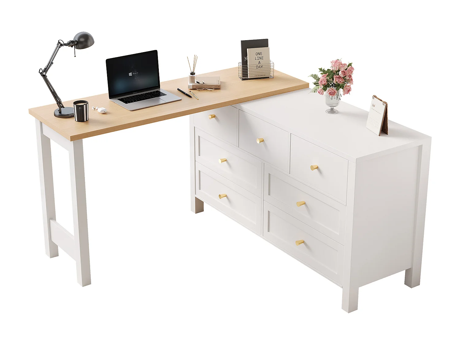 Bureau d'angle 120x40x70cm - avec 7 tiroirs - Design 2 en 1 - Plateau rotatif à 360° - Certifié FSC - Blanc + naturel