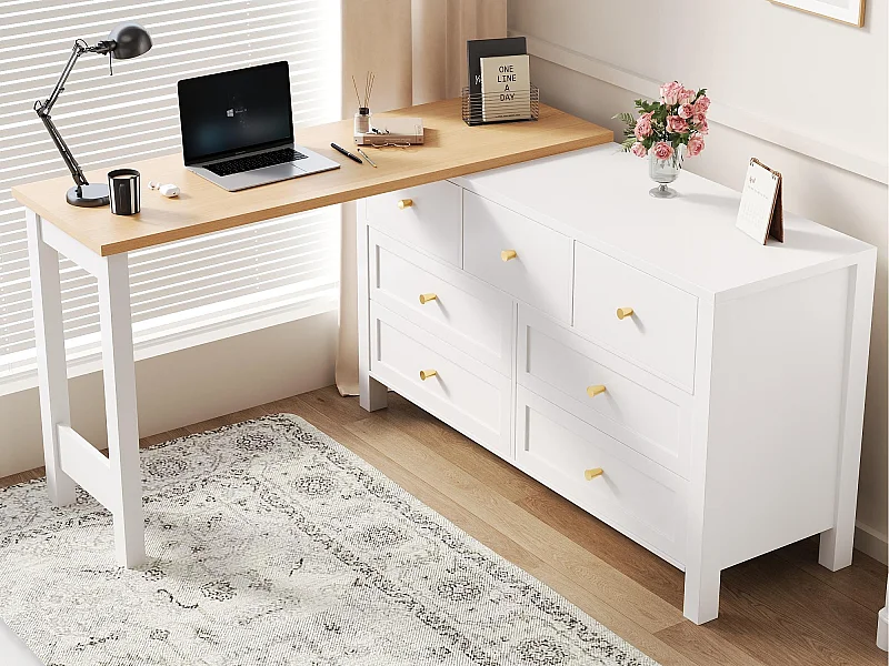 Hoekbureau 120×40×70 cm - met 7 laden - 2-in-1 design - 360° draaibaar blad - FSC-gecertificeerd - wit + naturel