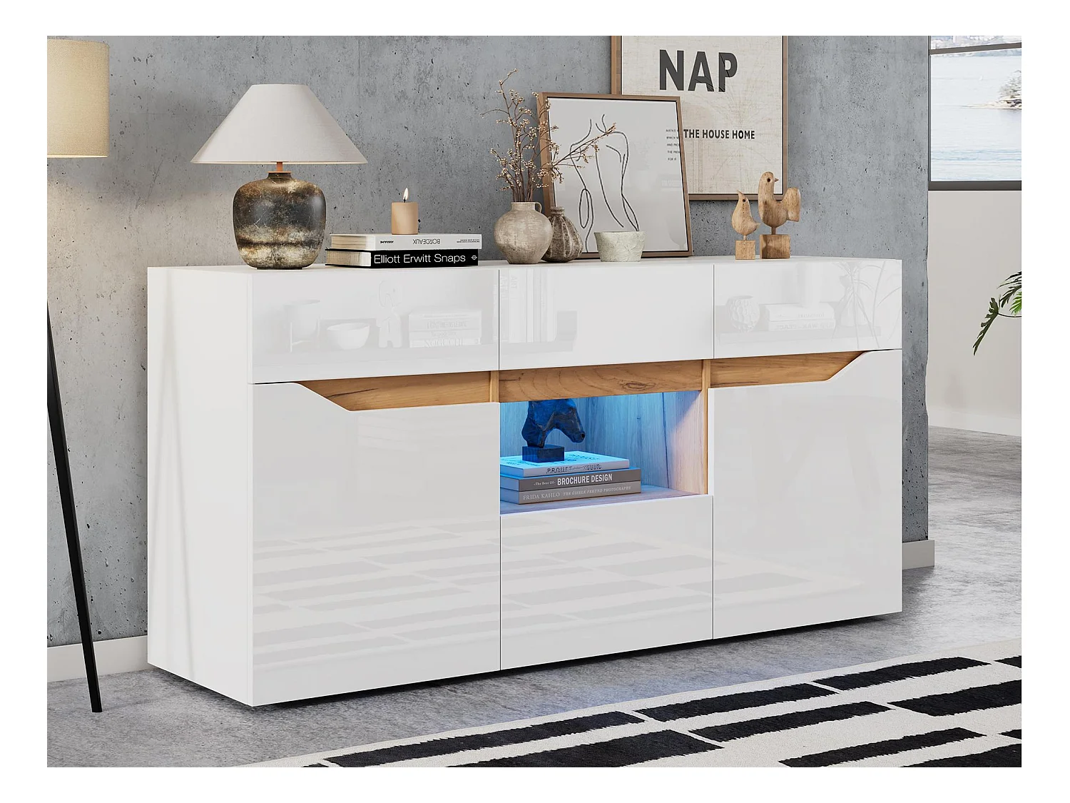 Buffet brillant 140x40x70cm - 4 tiroirs et 2 portes - avec éclairage LED - Blanc + naturel