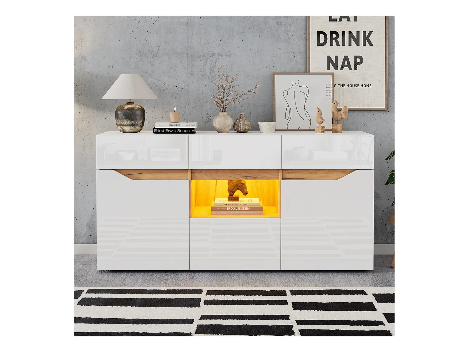 Buffet brillant 140x40x70cm - 4 tiroirs et 2 portes - avec éclairage LED - Blanc + naturel