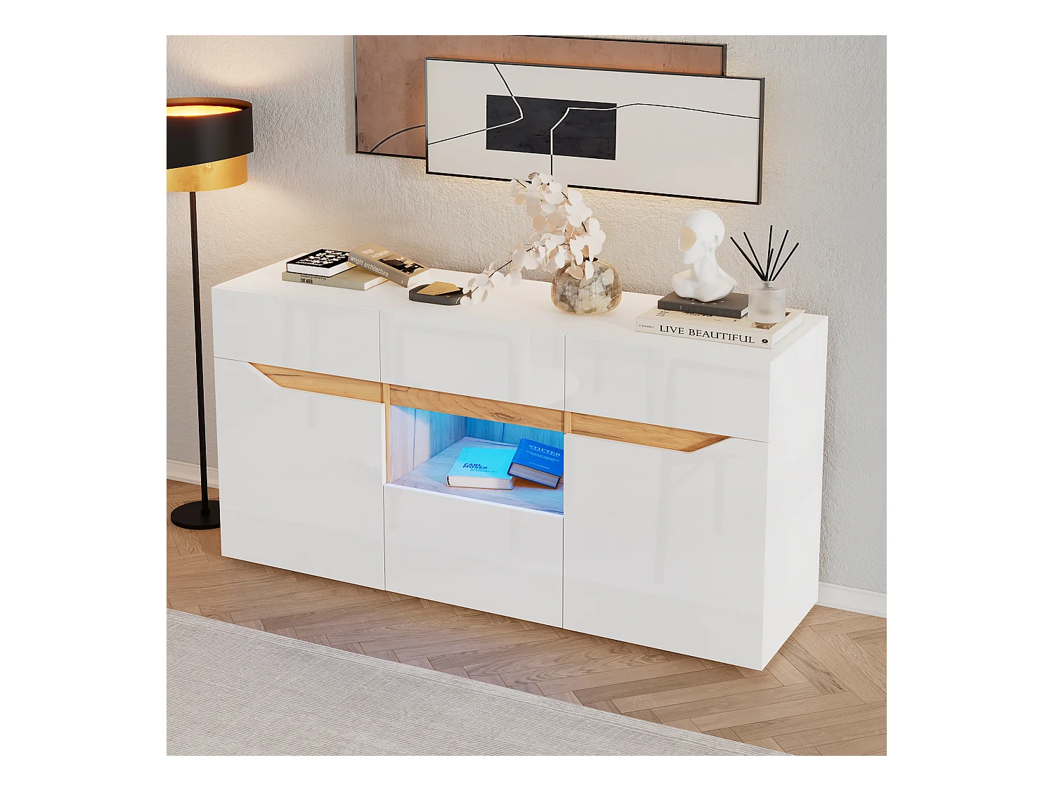 Buffet brillant 140x40x70cm - 4 tiroirs et 2 portes - avec éclairage LED - Blanc + naturel