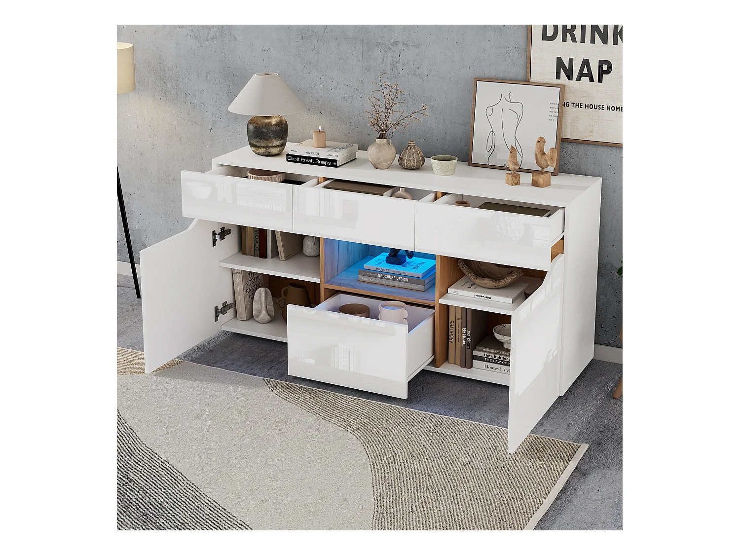 Buffet brillant 140x40x70cm - 4 tiroirs et 2 portes - avec éclairage LED - Blanc + naturel