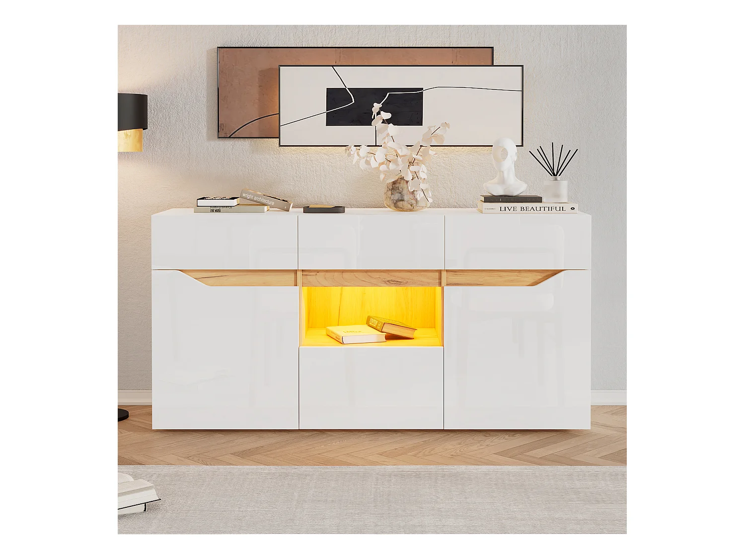 Buffet brillant 140x40x70cm - 4 tiroirs et 2 portes - avec éclairage LED - Blanc + naturel