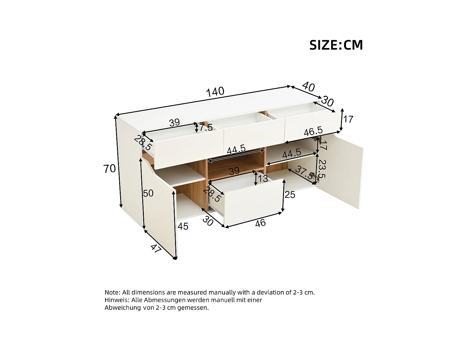 Buffet brillant 140x40x70cm - 4 tiroirs et 2 portes - avec éclairage LED - Blanc + naturel