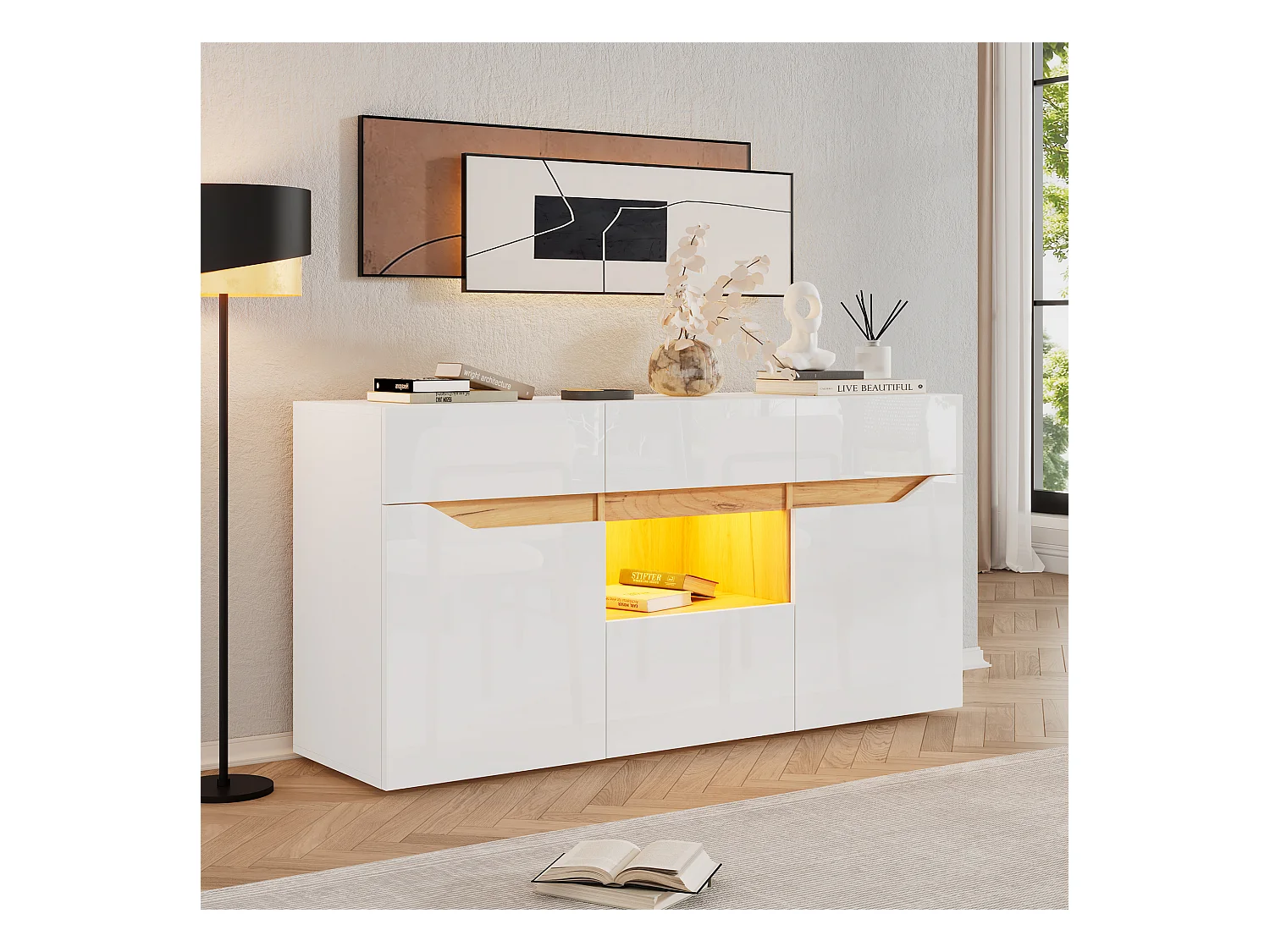 Buffet brillant 140x40x70cm - 4 tiroirs et 2 portes - avec éclairage LED - Blanc + naturel
