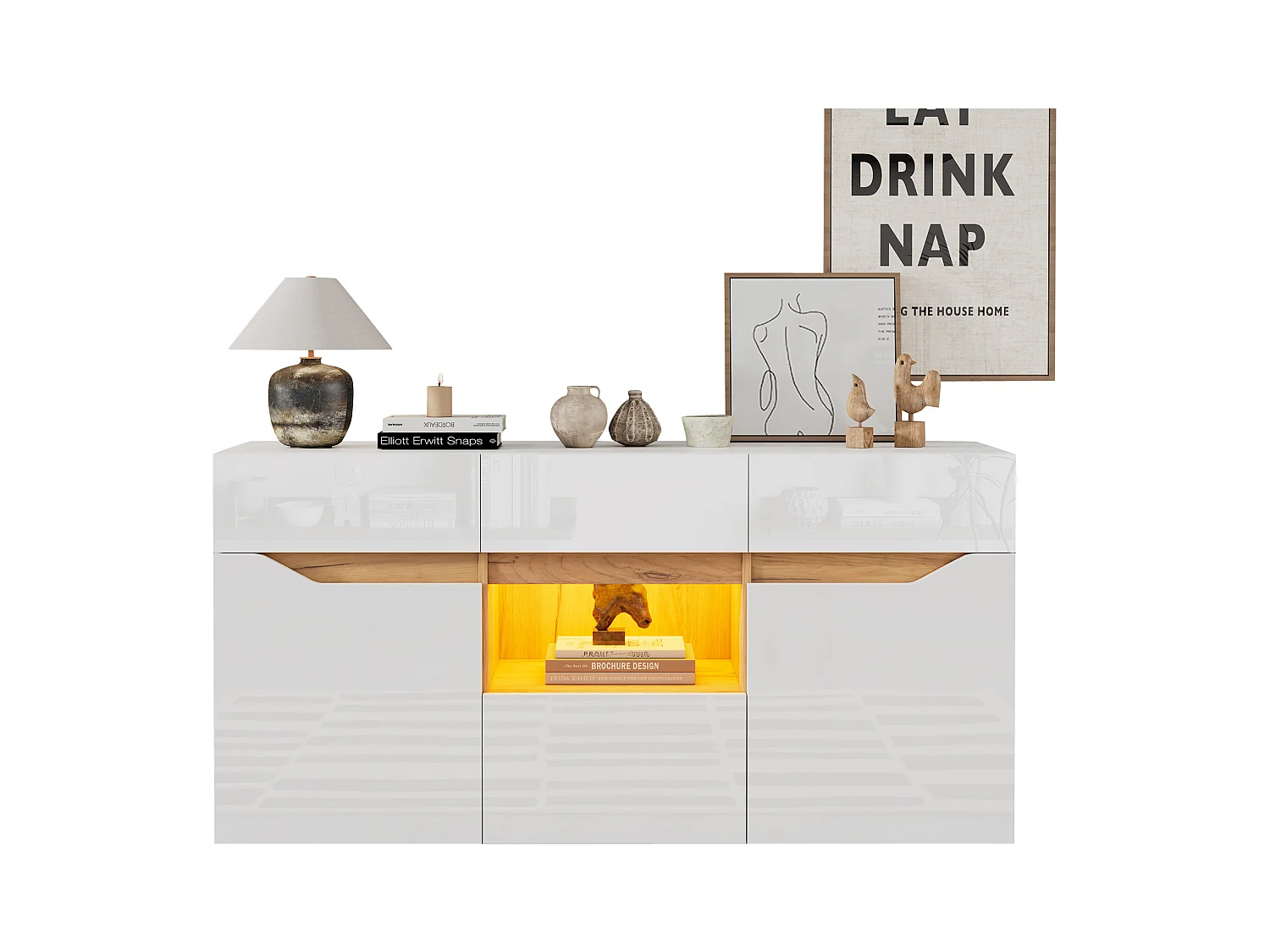 Buffet brillant 140x40x70cm - 4 tiroirs et 2 portes - avec éclairage LED - Blanc + naturel