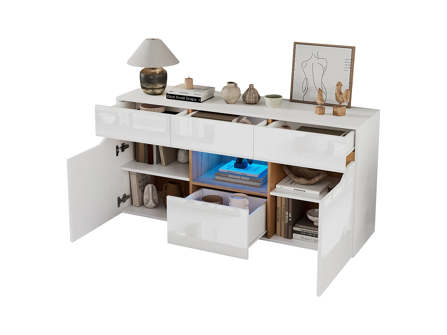 Buffet brillant 140x40x70cm - 4 tiroirs et 2 portes - avec éclairage LED - Blanc + naturel