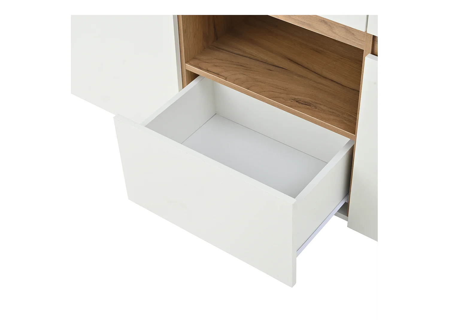Buffet brillant 140x40x70cm - 4 tiroirs et 2 portes - avec éclairage LED - Blanc + naturel