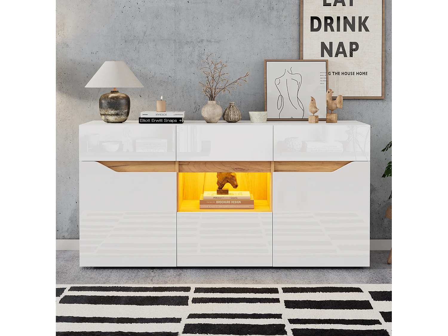 Buffet brillant 140x40x70cm - 4 tiroirs et 2 portes - avec éclairage LED - Blanc + naturel