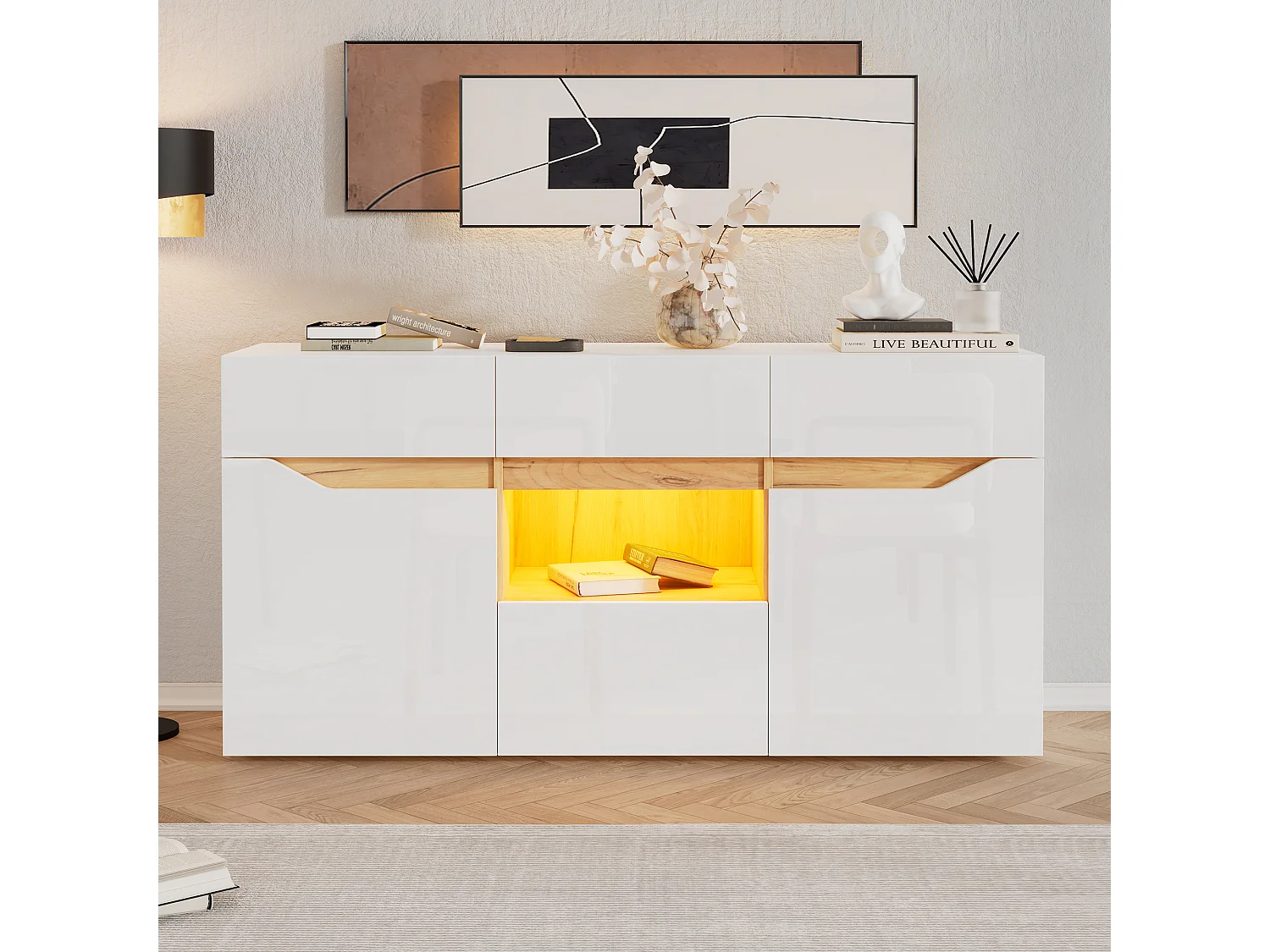 Buffet brillant 140x40x70cm - 4 tiroirs et 2 portes - avec éclairage LED - Blanc + naturel