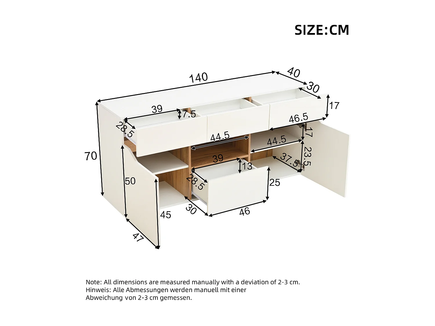Buffet brillant 140x40x70cm - 4 tiroirs et 2 portes - avec éclairage LED - Blanc + naturel