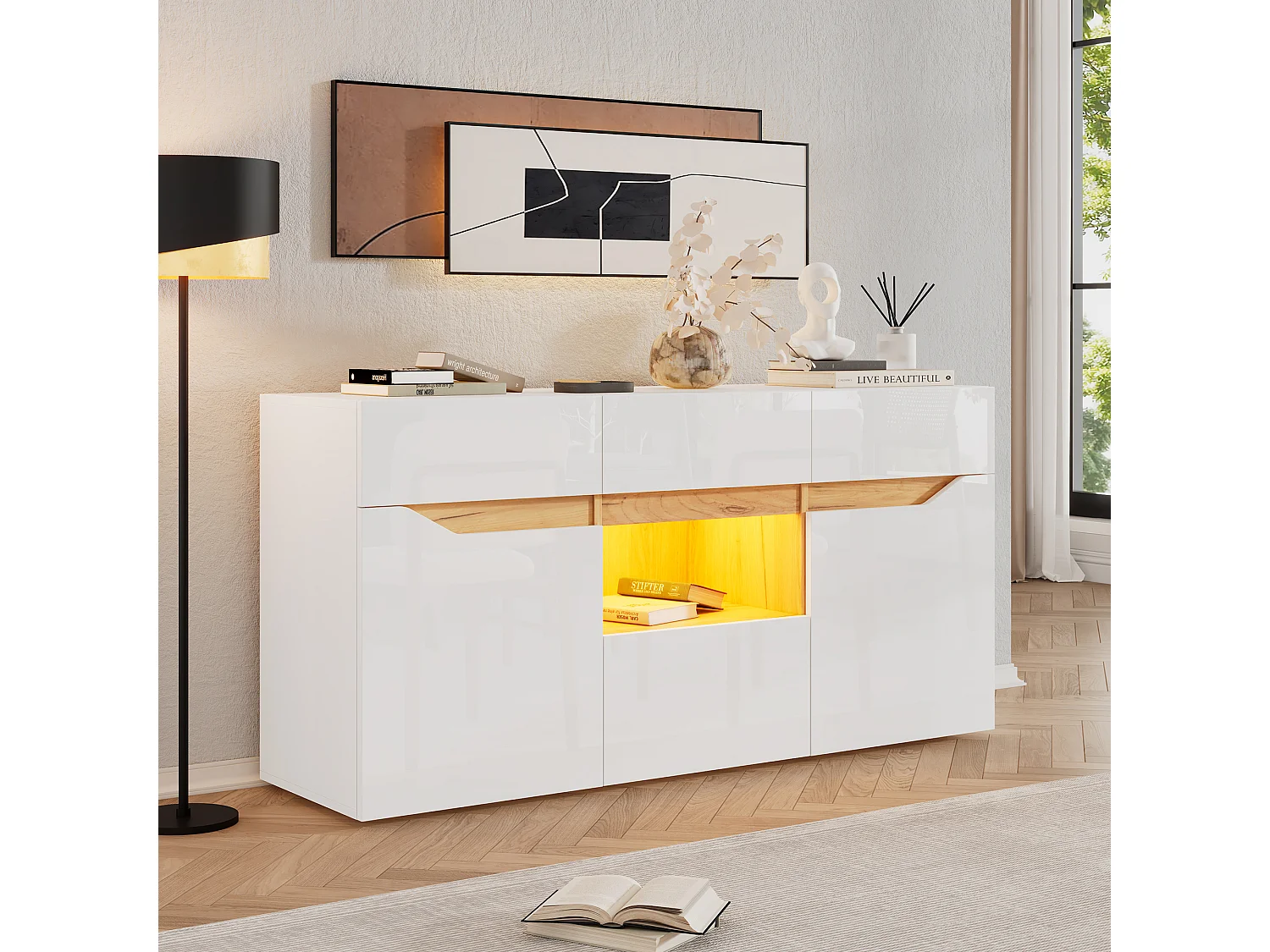 Buffet brillant 140x40x70cm - 4 tiroirs et 2 portes - avec éclairage LED - Blanc + naturel