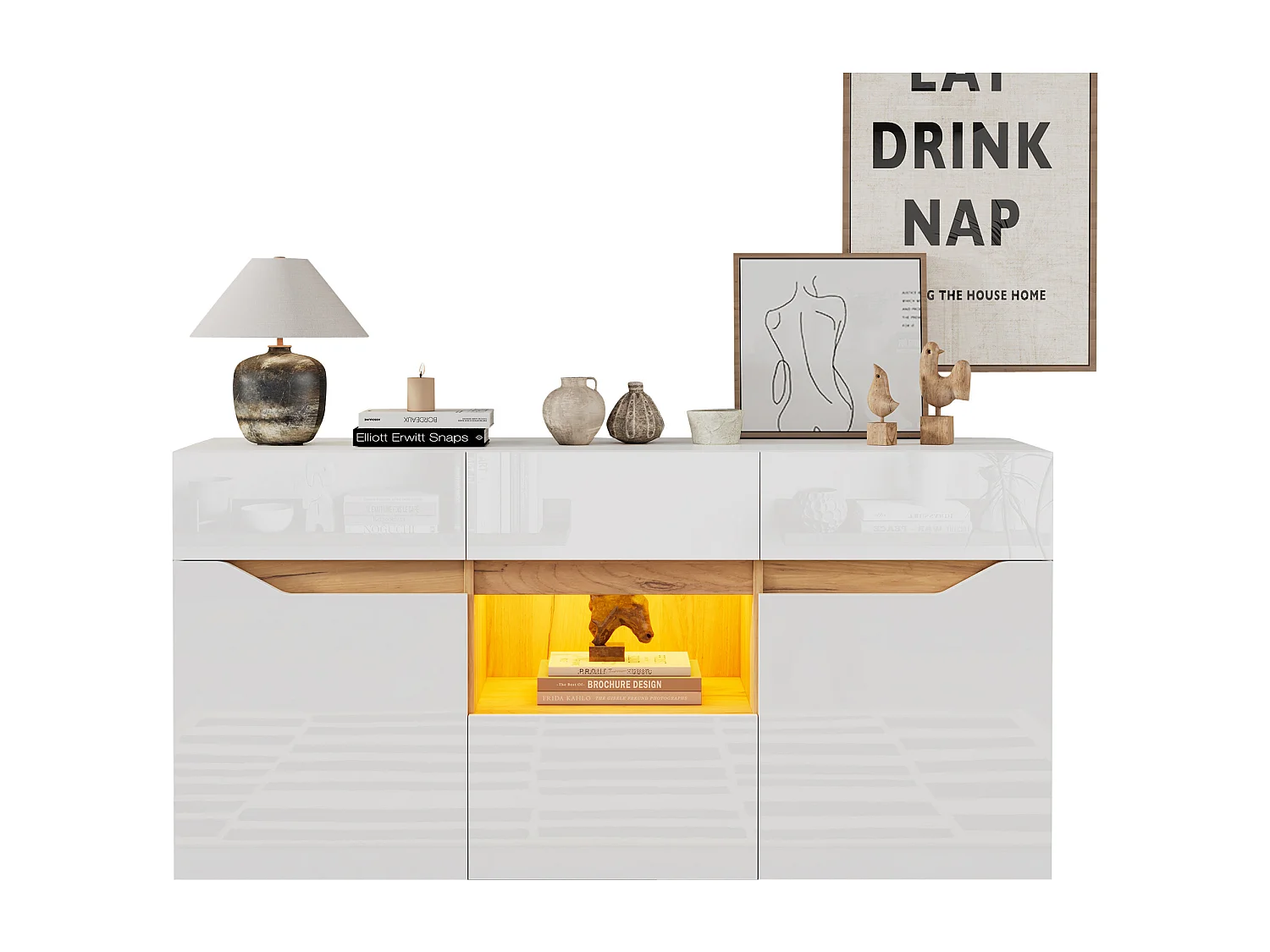 Buffet brillant 140x40x70cm - 4 tiroirs et 2 portes - avec éclairage LED - Blanc + naturel