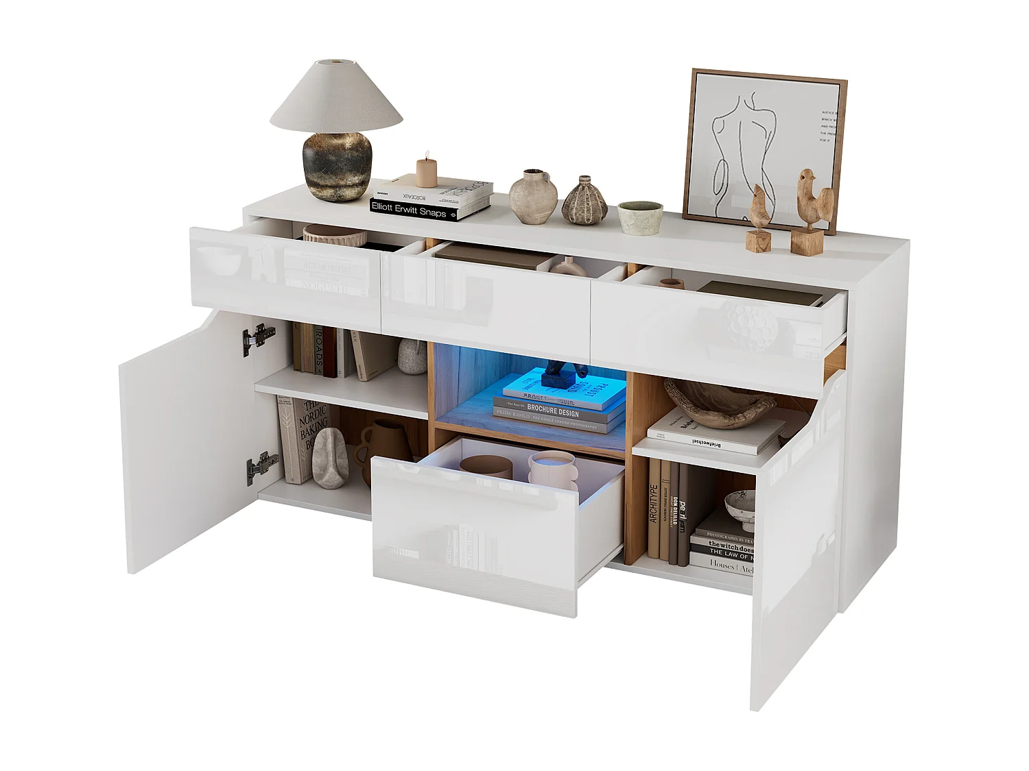 Buffet brillant 140x40x70cm - 4 tiroirs et 2 portes - avec éclairage LED - Blanc + naturel