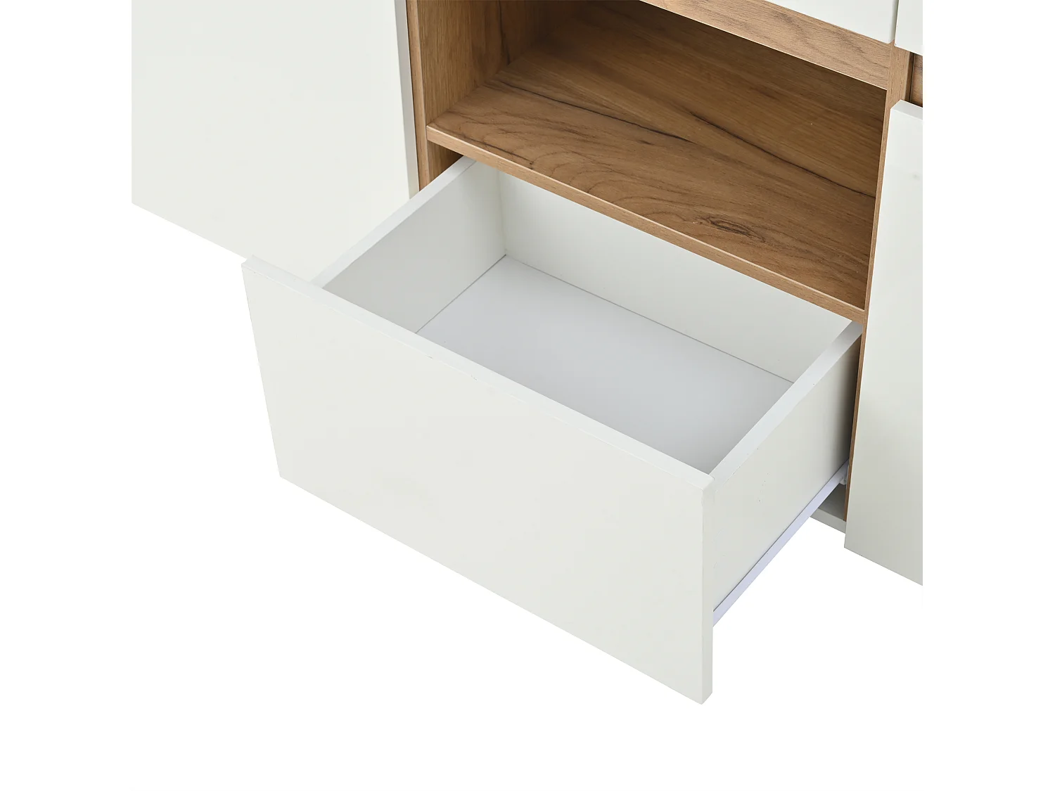 Buffet brillant 140x40x70cm - 4 tiroirs et 2 portes - avec éclairage LED - Blanc + naturel
