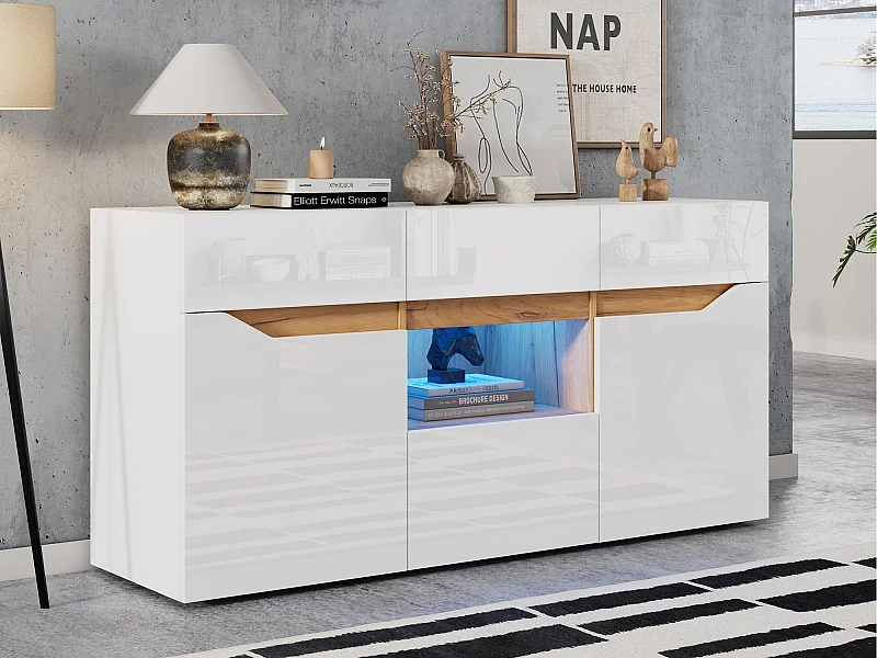 Buffet brillant 140x40x70cm - 4 tiroirs et 2 portes - avec éclairage LED - Blanc + naturel