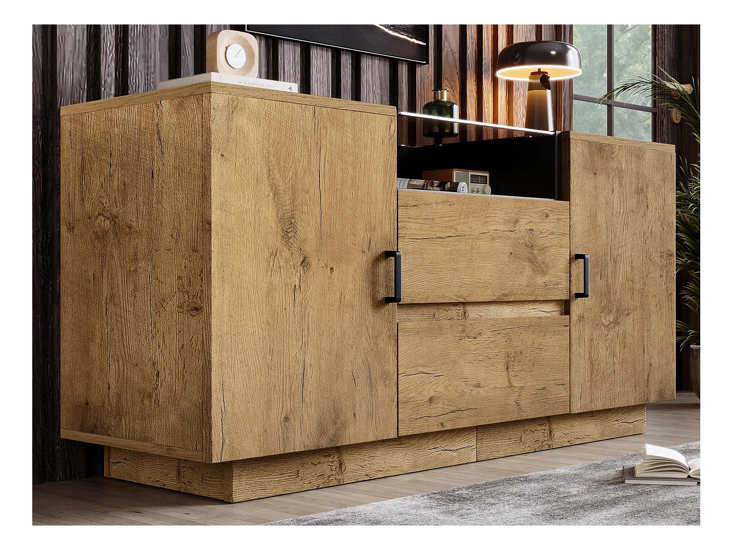 Buffet aspect chêne 140x40x70cm - avec 2 portes et 2 tiroirs - compartiments ouverts - Naturel