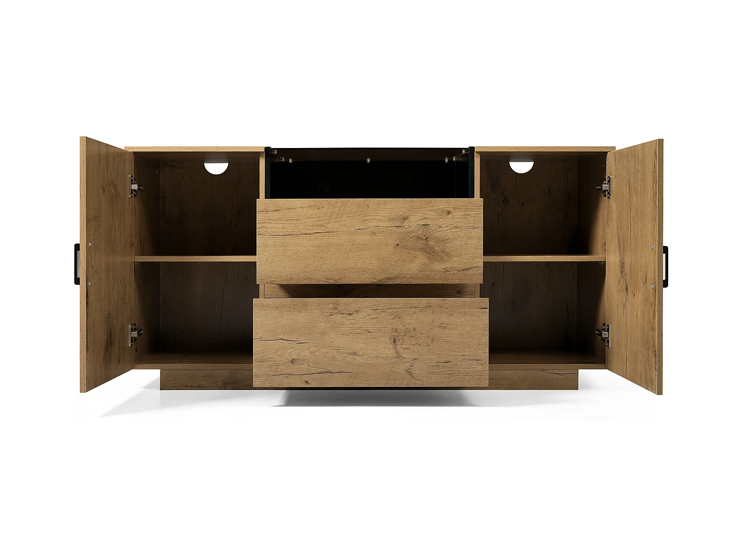 Buffet aspect chêne 140x40x70cm - avec 2 portes et 2 tiroirs - compartiments ouverts - Naturel