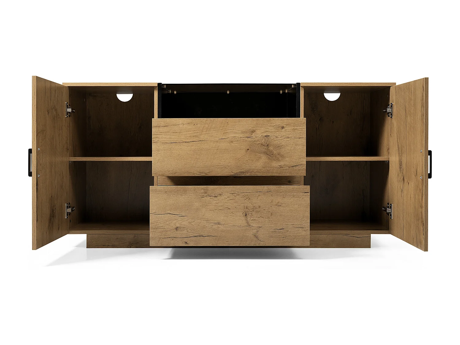 Buffet aspect chêne 140x40x70cm - avec 2 portes et 2 tiroirs - compartiments ouverts - Naturel
