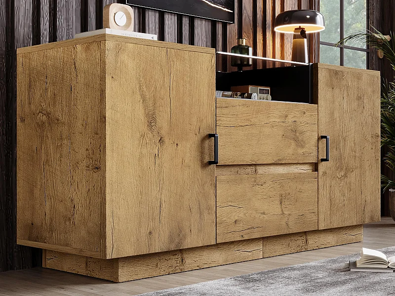 Buffet aspect chêne 140x40x70cm - avec 2 portes et 2 tiroirs - compartiments ouverts - Naturel