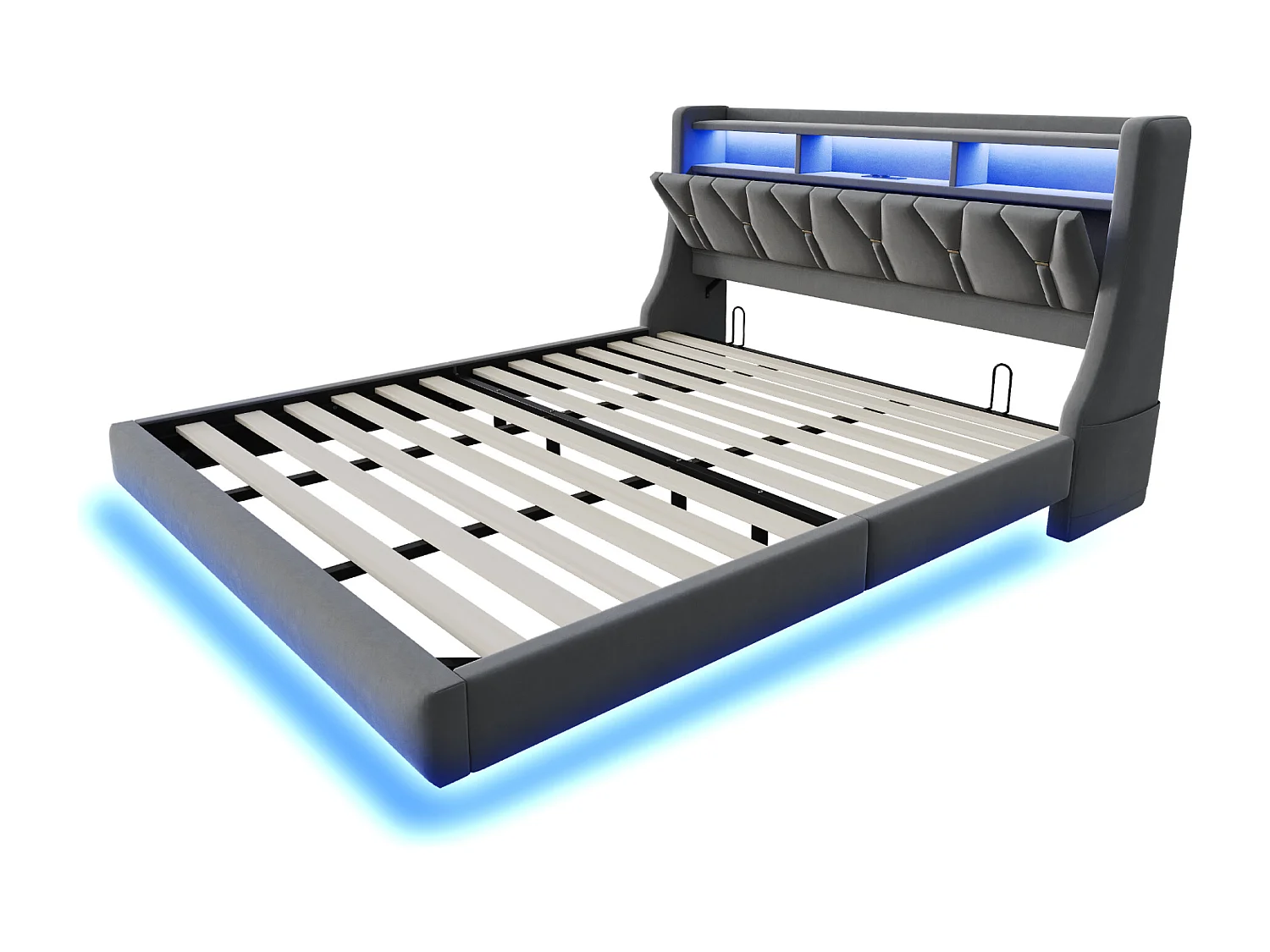 Lit capitonné 180x200 cm - tête de lit rabattable - avec prise de courant - avec LED - tissu velours - gris (matelas non inclus)