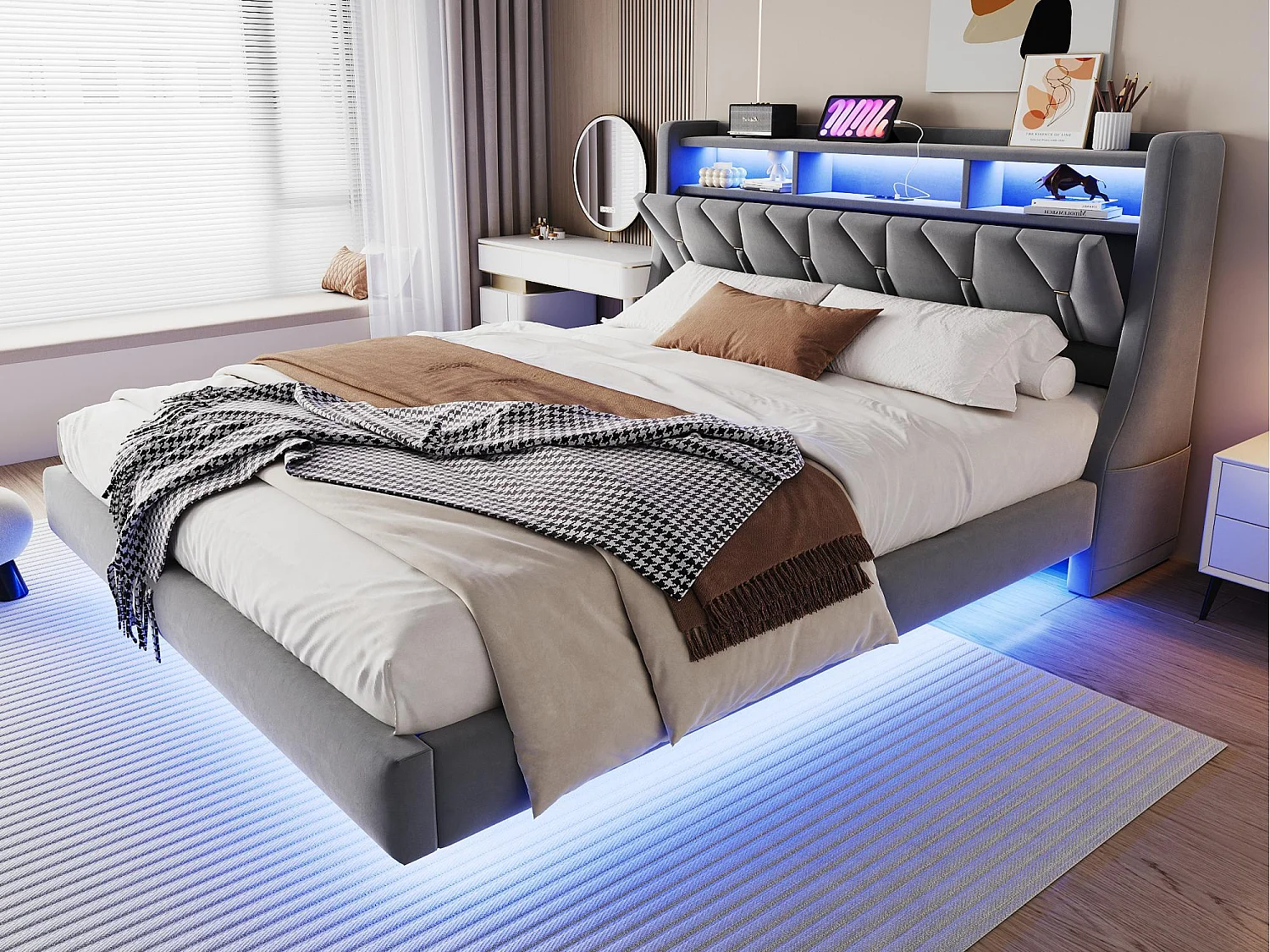 Lit capitonné 180 x 200 cm - tête de lit rabattable - avec prise de courant - avec LED - tissu velours - gris (matelas non inclus)
