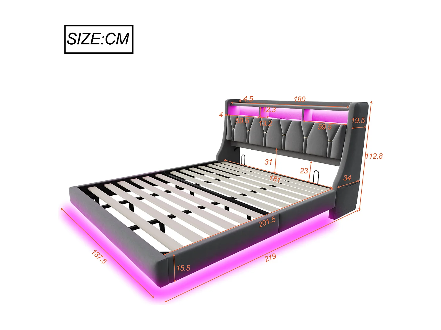 Lit capitonné 180 x 200 cm - tête de lit rabattable - avec prise de courant - avec LED - tissu velours - gris (matelas non inclus)