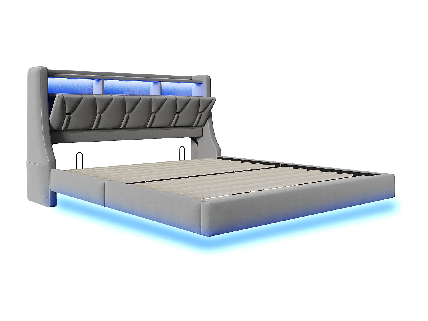 Lit capitonné 180 x 200 cm - tête de lit rabattable - avec prise de courant - avec LED - tissu velours - gris (matelas non inclus)