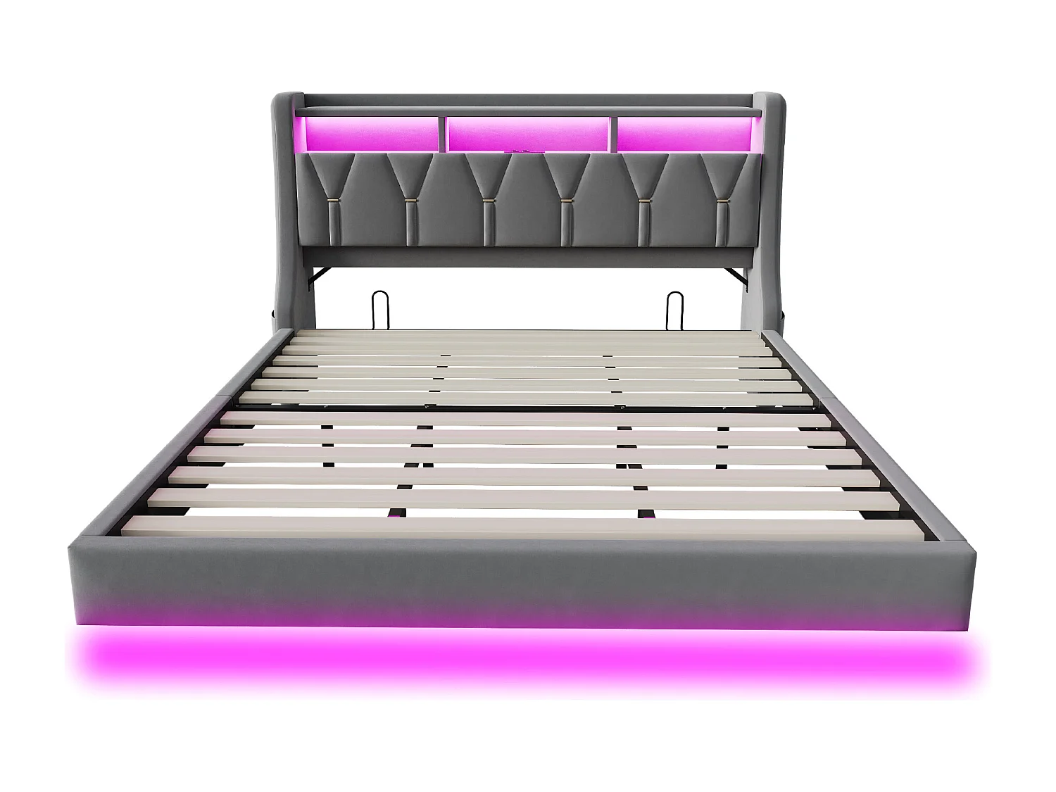 Lit capitonné 180 x 200 cm - tête de lit rabattable - avec prise de courant - avec LED - tissu velours - gris (matelas non inclus)