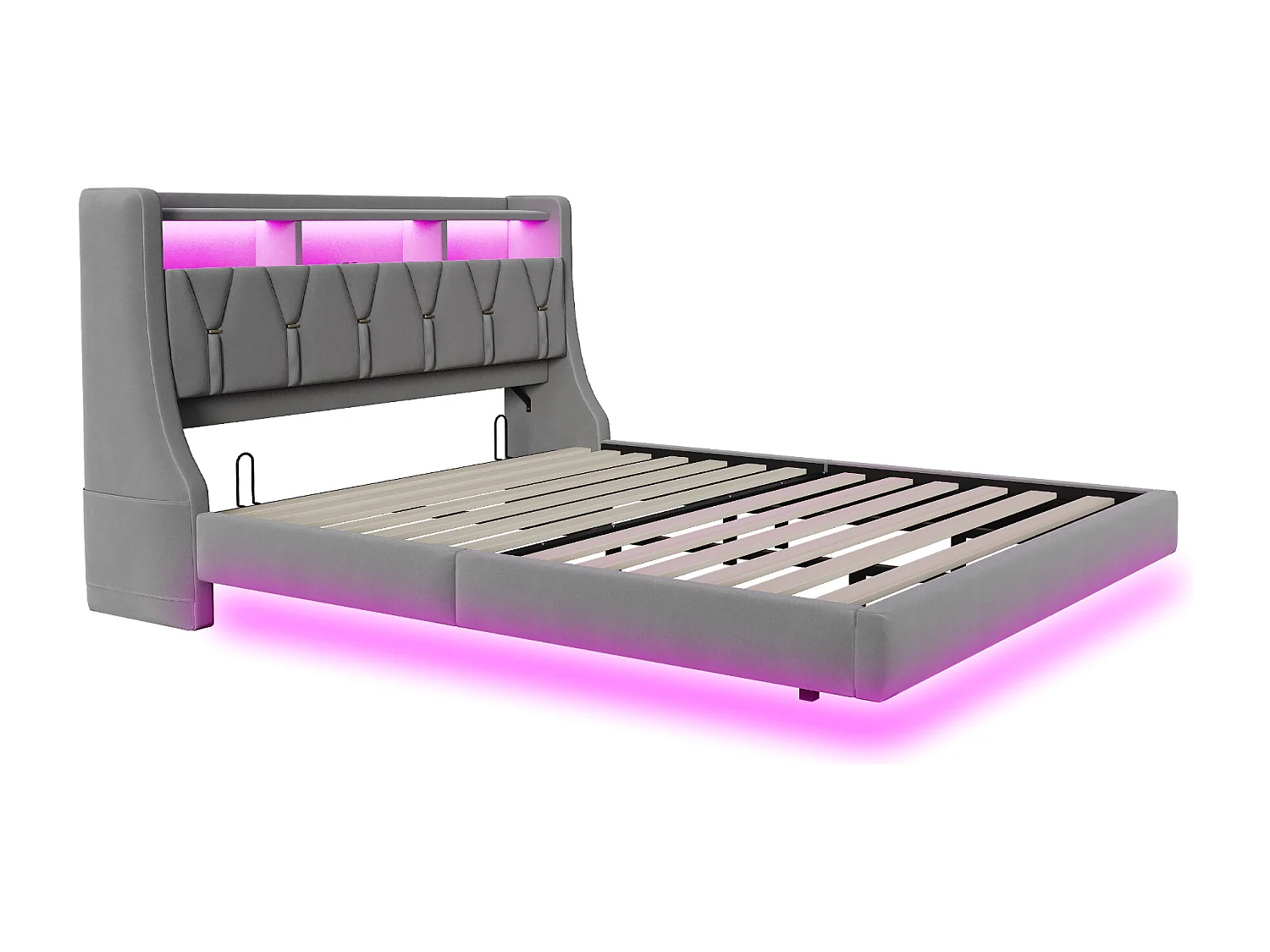 Lit capitonné 180 x 200 cm - tête de lit rabattable - avec prise de courant - avec LED - tissu velours - gris (matelas non inclus)