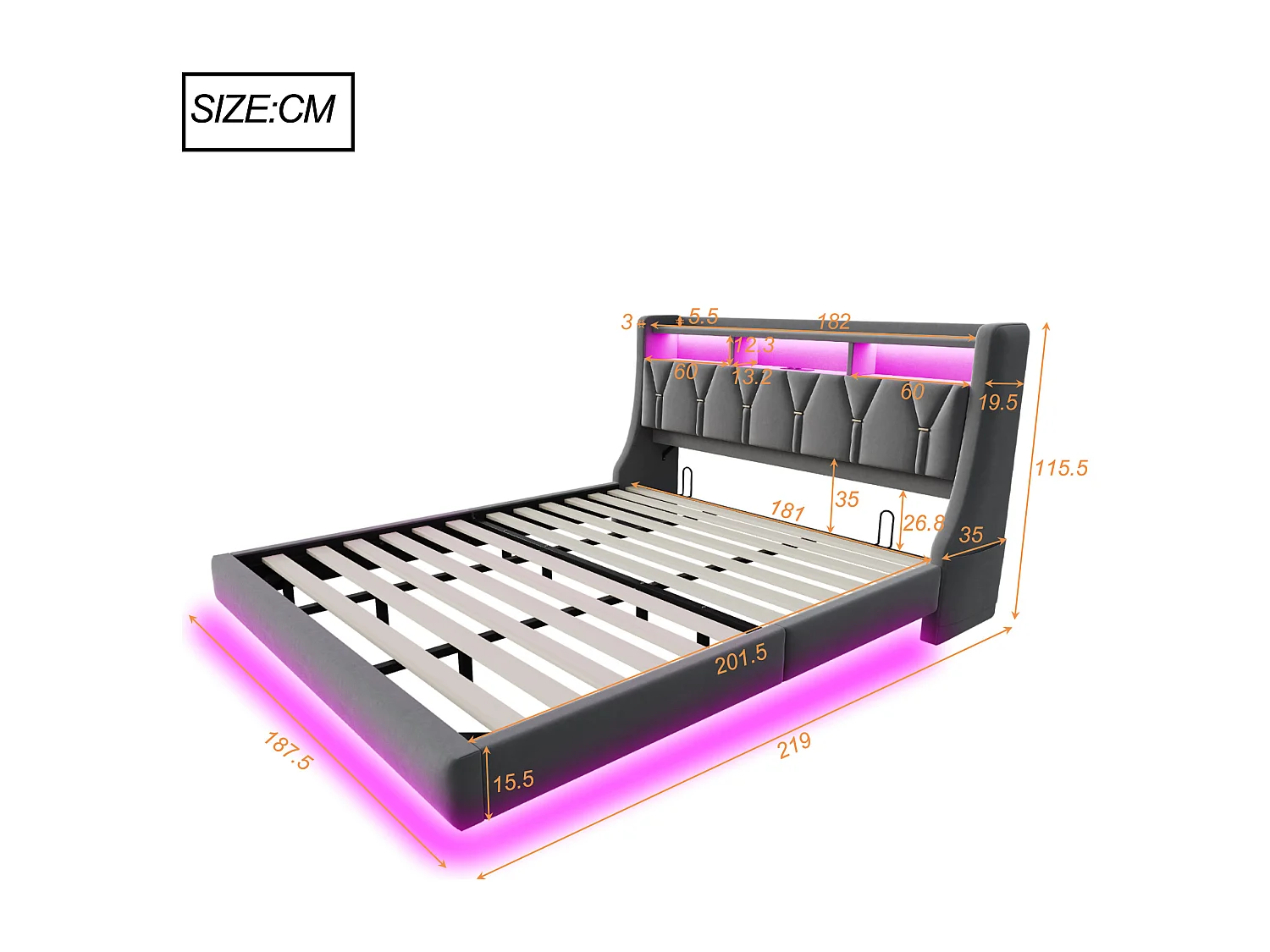 Polsterbett 180×200 cm - klappbares Kopfteil - mit Steckdose - mit LED-Beleuchtung - Samtstoff - grau (Matratze nicht inbegriffen)