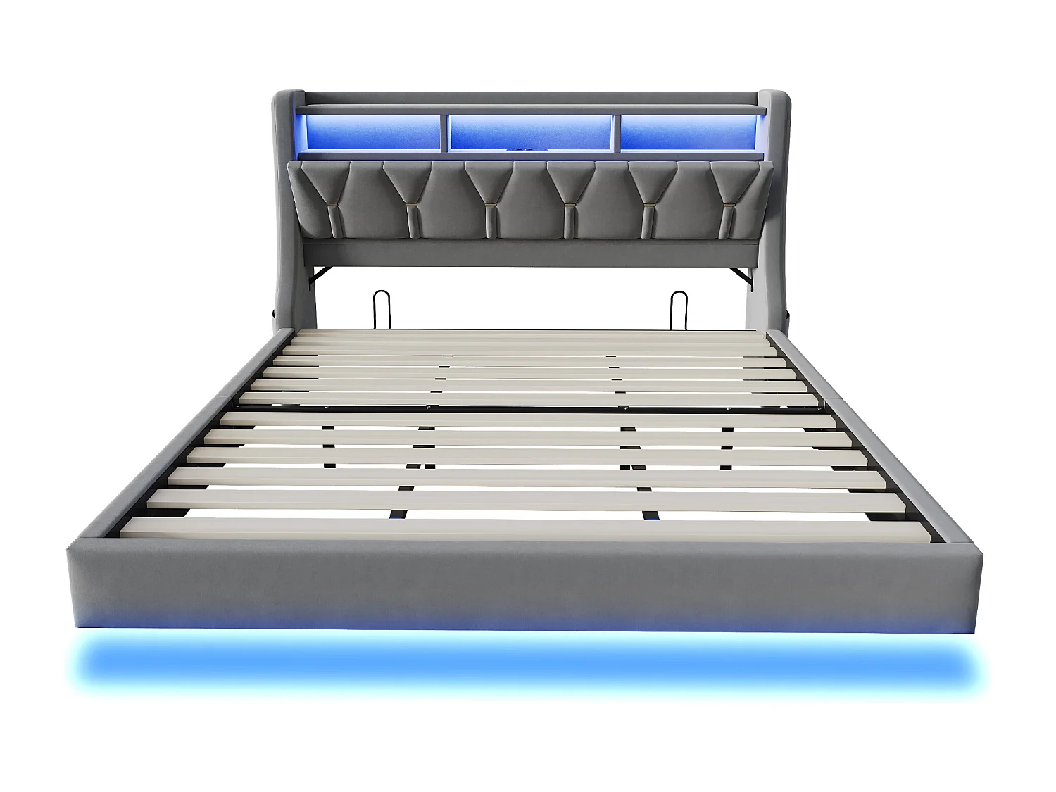 Polsterbett 180×200 cm - klappbares Kopfteil - mit Steckdose - mit LED-Beleuchtung - Samtstoff - grau (Matratze nicht inbegriffen)