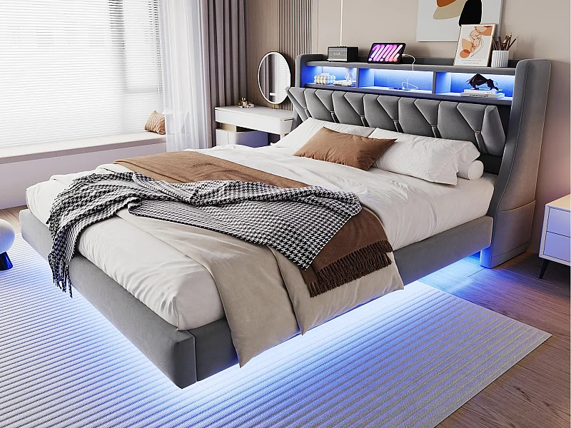 Gestoffeerd bed 180×200 cm - opklapbaar hoofdeinde - met stopcontact - met LED-verlichting - fluweel stof - grijs (matras niet inbegrepen)