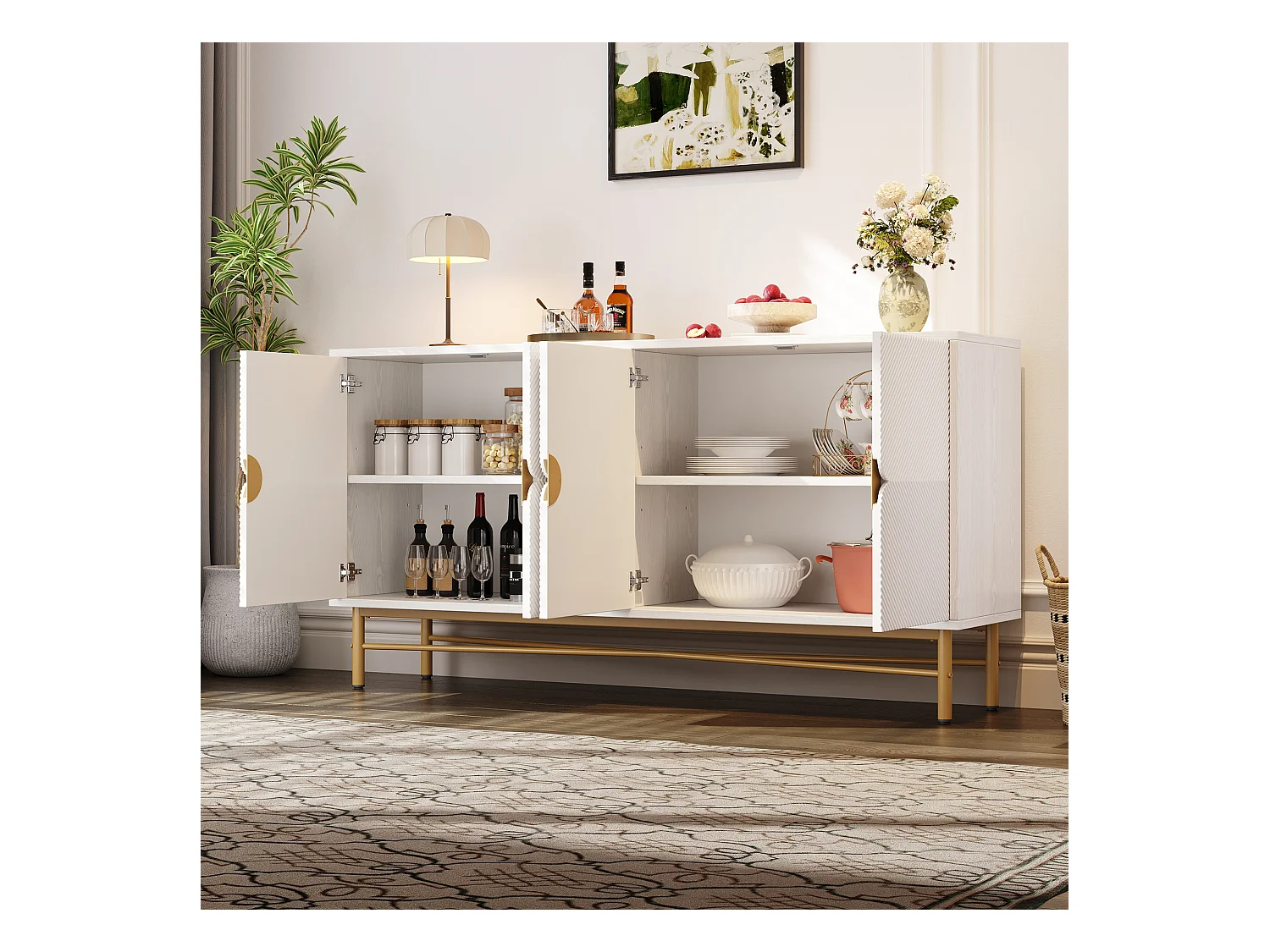 Buffet moderne 160x40x82cm - avec 4 portes - pieds en métal - panneau de particules - Blanc